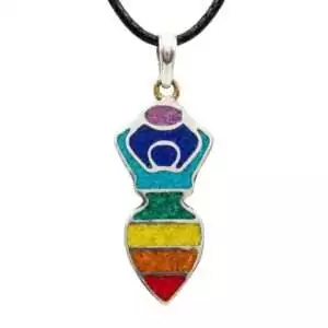 Seven Chakra Goddess silver tone pendant measuring 1 3/4 inches — goddess figure set with seven colored chakra crystal stones from root to crown for full energetic alignment.