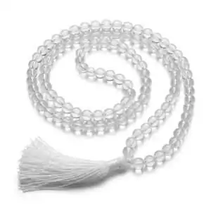 Clear quartz japmala with 108 natural crystal beads and white tassel — full meditation mala necklace for mantra and intention practice.