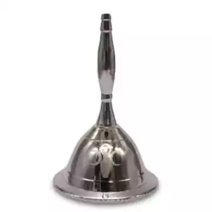 2.5-inch silver-toned metal altar bell with a Goddess of Earth etched design and slender handle — Wiccan ritual bell for ceremony.