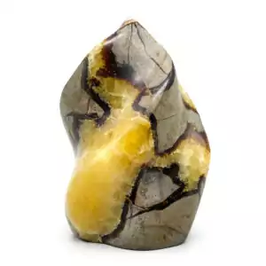 Polished septarian flame shape free-form crystal sculpture showing yellow calcite and brown aragonite