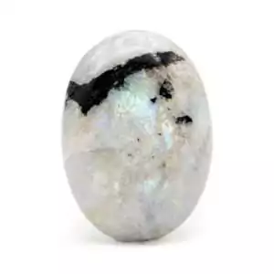 Rainbow moonstone palm stone showing blue adularescent flash for lunar intuition and meditation use