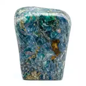 Large 1.0-1.3 lb kyanite free shape specimen showing blade-like blue formation with green and gold mineral inclusions.