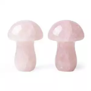 Set of 2 rose quartz crystal mushroom carvings in soft pale pink stone for self-love altar display, heart chakra healing, and botanical spiritual decor.
