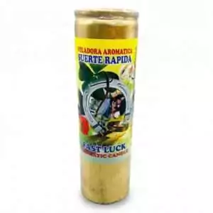Fast Luck aromatic candle in a gold container with good fortune symbols on the label — Suerte Rapida hoodoo formula jar candle.