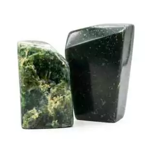 Two pieces of natural jade free-form specimens totaling approximately 2.5 pounds, raw green jade for prosperity altar display and crystal collection.