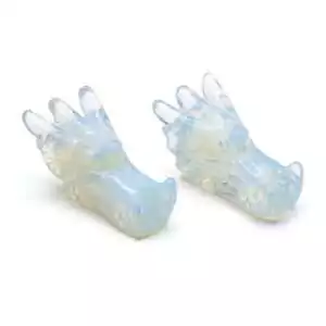 Opalite iridescent glass dragon head carving set with luminous pearlescent finish for ethereal spirit dragon work, transition magic, and altar display.