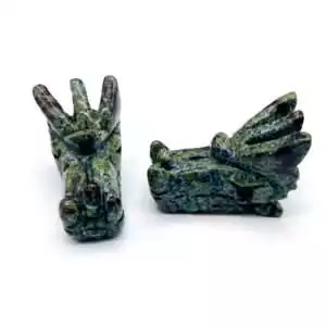 Dragon's blood jasper red and green stone carved into dragon head form, a powerful protection and dragon-spirit altar carving figurine set.