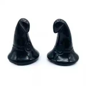 Set of 2 black obsidian volcanic glass witch's hat carvings in glossy black, for psychic protection, truth-work, and dramatic Gothic altar display.
