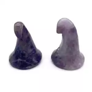 Set of 2 natural amethyst crystal witch's hat carvings in purple stone, for psychic protection, crown chakra activation, and iconic altar display in magical practice.