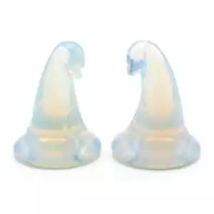 Opalite iridescent glass witch's hat carvings with pearlescent glow, a set for altar display evoking ethereal transitions and spirit communication energy.