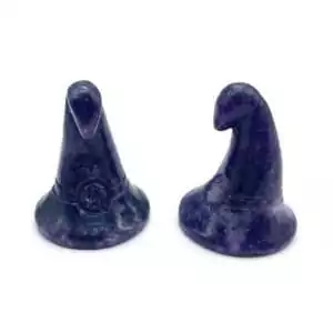 Lepidolite witch's hat crystal carvings in soft lilac lithium mica stone, a set for altar display supporting joy, emotional balance, and purposeful magical practice.