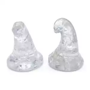 Clear quartz crystal polished in witch's hat pointed form, a set of amplifying master crystal carvings for altar display and magical intention work.