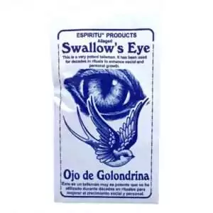 Espiritu Swallow's Eye (Ojo de Golondrina) botanical talisman in blue and white packaging with bird and eye illustration, a protective amulet.