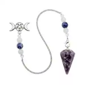 Beaded pendulum with 6-sided faceted lepidolite crystal tip in blue and purple hues and triple moon symbol for calm divination and chakra dowsing
