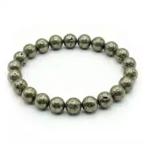 Pyrite 8mm stretch bracelet with circular arrangement of metallic golden-brown textured beads — a natural pyrite crystal bracelet for abundance and willpower energy.