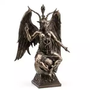 Side view of Baphomet bronze statue showing detailed sculptural work and altar piece scale
