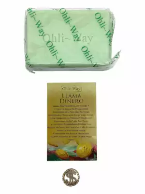 Ohli~Way Call Money Soap green-wrapped bar with branded paper packaging and hanging ritual instruction card — a money-drawing bath soap for abundance practice.