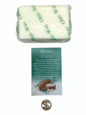 Back label of Ohli Way coconut soap showing ingredients and spiritual use instructions