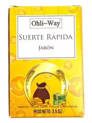 Fast Luck soap bar by Ohli~Way showing product label and golden coloring for this luck-drawing spiritual bath bar.