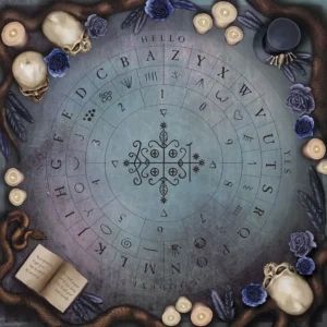 Circular oracle board with mystical alphabet and symbols surrounded by pearls, flowers, and a small book — Tabula Mortem rune communication layout.