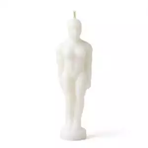 6 3/4-inch white male figure candle for ritual use, a figural candle for purification and spiritual clarity spells.