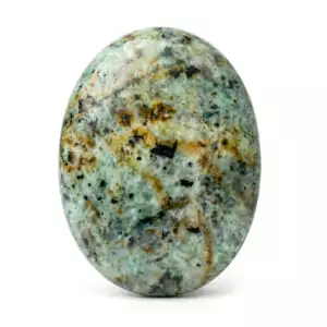 Smooth oval African Turquoise fossilized jasper palm stone approximately 2 inches with green, blue, and brown matrix patterns — a grounding and transformation worry stone.