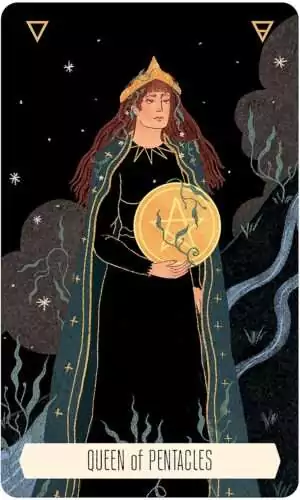 Woman in flowing robe holding a golden pentacle — tarot card from the Zodiac Tarot deck showing astrological imagery.
