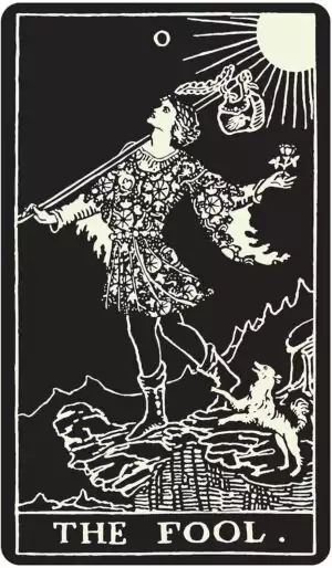Glow-in-the-dark Tarot card showing The Fool — a figure on a cliff holding a flower, with a dog beside them, in glowing lines on black.