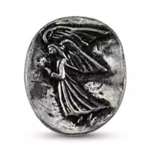 Oval silver-toned pewter angel pocket stone featuring a relief angel with spread wings — a small guardian talisman for comfort, protection, and daily devotional carry.