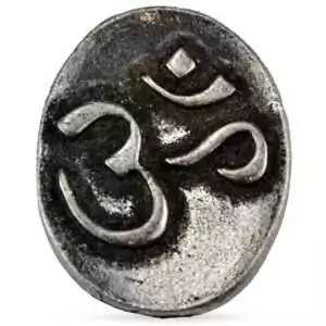 Small silver oval pendant with engraved Om sacred symbol talisman for daily meditation practice and spiritual connection