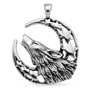 Silver pendant featuring a howling wolf silhouette set against a crescent moon, worn as a celestial lunar connection and spirit animal amulet