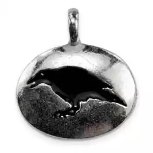 Silver pewter pendant with an engraved raven silhouette on a circular background — 1-inch USA-made raven totem amulet on cord.