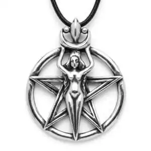 Silver pewter Wicca New Beginnings amulet pendant — nude goddess figure holding crescent moon above five-pointed star, suspended on black cord for protection and empowerment.