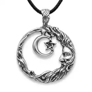 Wicca Wisdom amulet pendant on leather cord featuring Wiccan symbol for spiritual insight