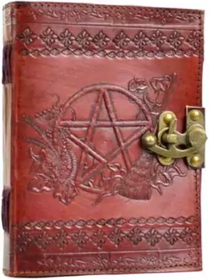 Pentagram embossed leather blank journal with metal latch closure showing bold pentagram design on cover, classic witchcraft writing book for grimoires and Book of Shadows