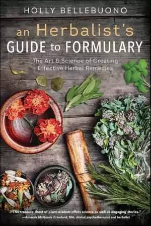 An Herbalist's Guide to Formulary book cover featuring dried herbs and plant materials arranged in wooden bowls on a warm background.