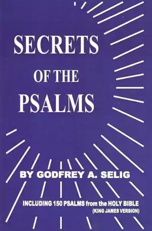 Purple cover of 'Secrets of the Psalms' by Godfrey A. Selig with radiating white lines — paperback covering all 150 Psalms with folk magic applications.