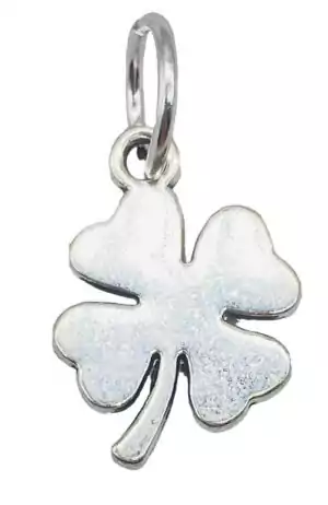 Half-inch lucky clover four-leaf charm amulet pendant — small metal good luck symbol for abundance, fortune, and everyday carry in folk magic tradition.