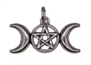 Triple moon pentagram amulet pendant 1⅛ inch — silver-tone metal with crescent moon flanking a central pentagram design, Wiccan goddess symbol.