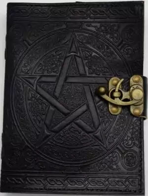 5x7 inch black pentagram leather journal with metal latch closure showing pentagram embossed on dark leather cover, compact writing book for spells and ritual notes