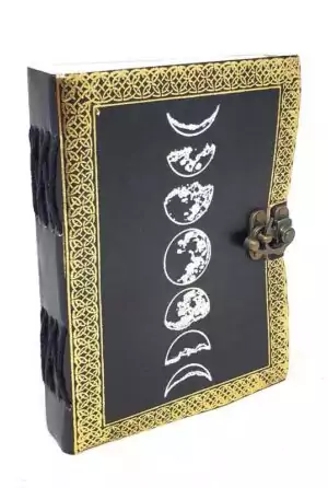 Moon phase silver and black embossed leather journal 5 by 7 inch with latch for lunar grimoire use