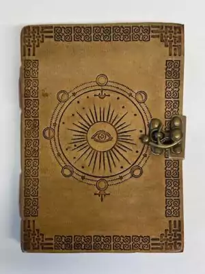 5 by 7 inch moon phase embossed leather journal with latch closure for lunar cycle tracking and ritual notes