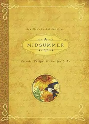Decorative book cover of Midsummer from the Llewellyn Sabbat Essentials series featuring summer solstice Litha pagan solar magic symbols and seasonal ritual guide