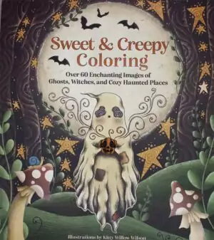 Sweet & Creepy coloring book cover featuring a whimsical ghost surrounded by mushrooms and stars in a black-and-white line-art style.