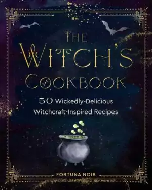 The Witch's Cookbook cover with a dark gothic design featuring a bubbling cauldron surrounded by bats, potions, and mystical elements.