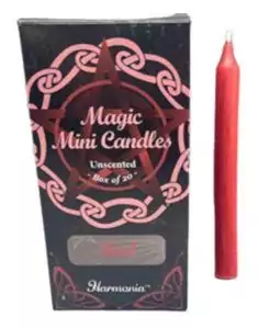 Red chime candle 20-pack with one red mini ritual candle displayed alongside box — unscented spell candles for candle magic.