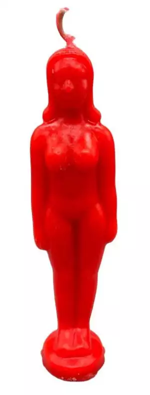 6 3/4-inch red female figure candle for ritual use — hoodoo figural candle for love spells, passion, and romantic attraction magic.
