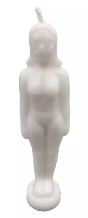 6 3/4-inch white female figure candle for ritual use, a figural candle for purification, spiritual clarity, and peace spell work.