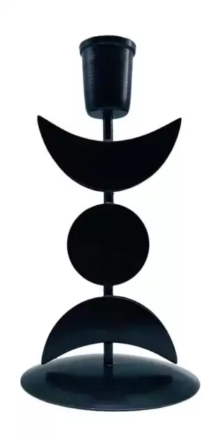 7-inch black geometric triple moon candle holder — stacked semicircle, circle, and larger semicircle shapes representing waxing-full-waning goddess moon phases as a modern altar piece.