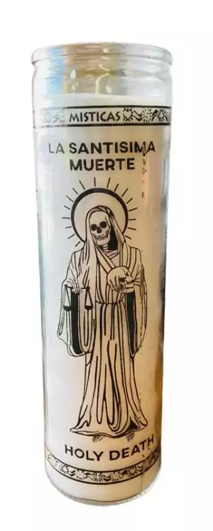 10-inch white Santa Muerte figural Holy Death candle for devotional altar work — used for protection, purity, and spiritual cleansing rituals.